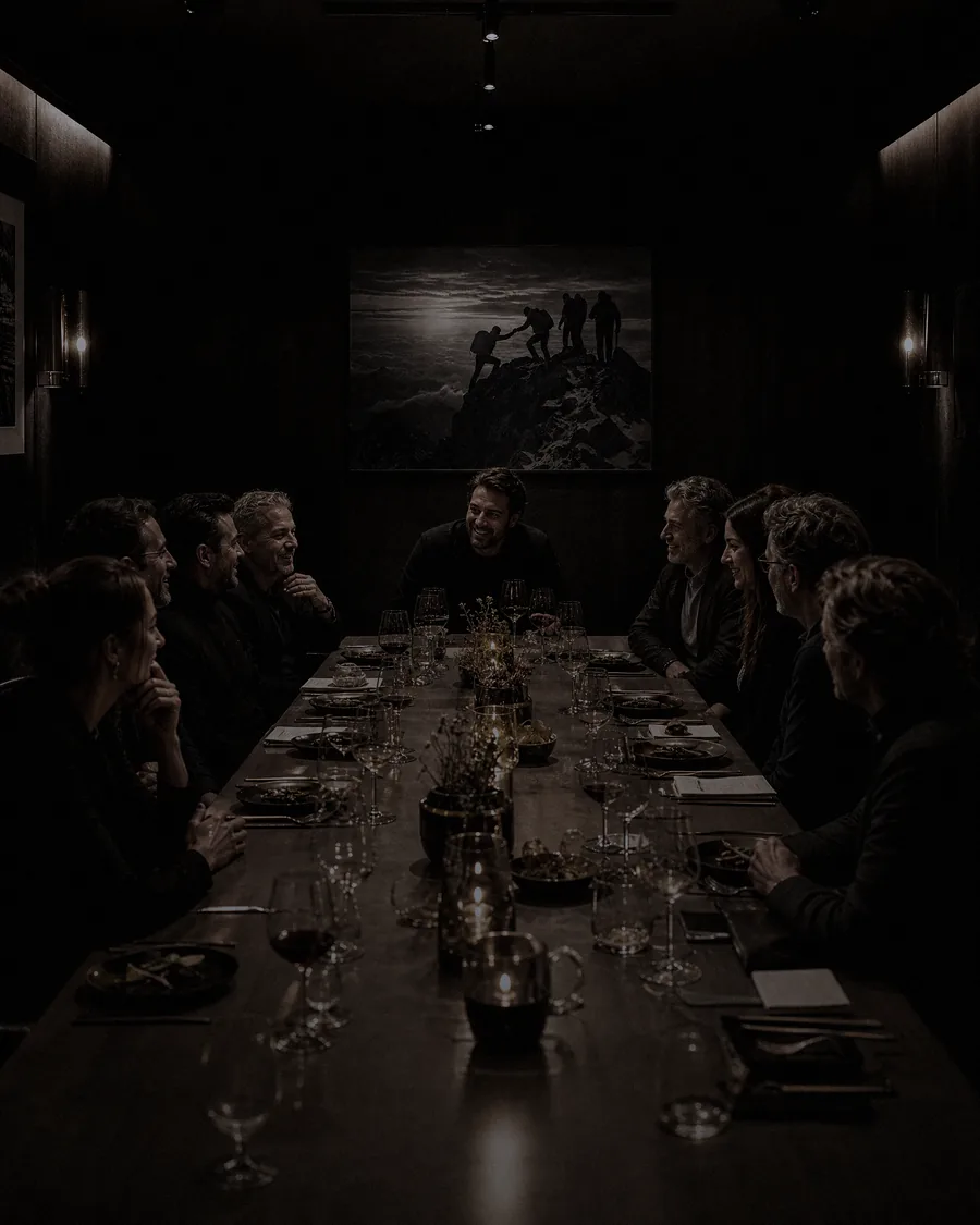 Líderes reunidos à mesa num encontro privado e curado.